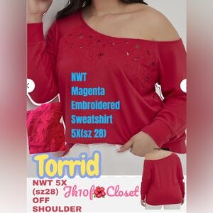 🌺NWT TORRID 5X (Sz28) MAGENTA EMBROIDERED OFF SHOULDER SWEATSHIRT